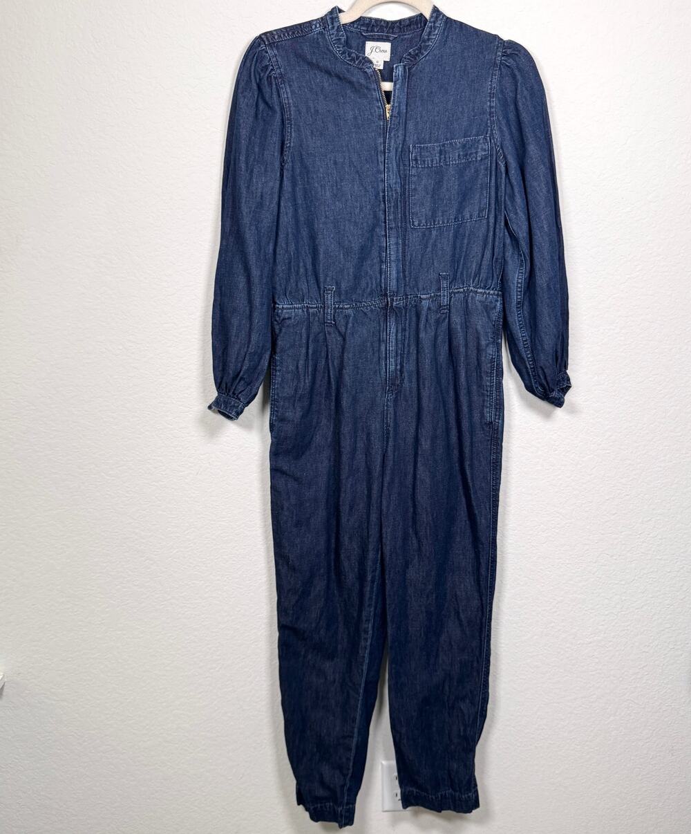 J. Crew Womens Puff Sleeve Denim Jumpsuit Size 0 Cotton Linen Easy Comfy Blue